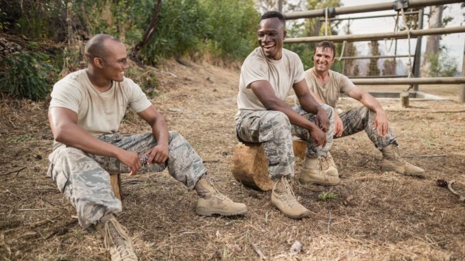 3 soldiers like the ones in battlefield 6 talking and laughing