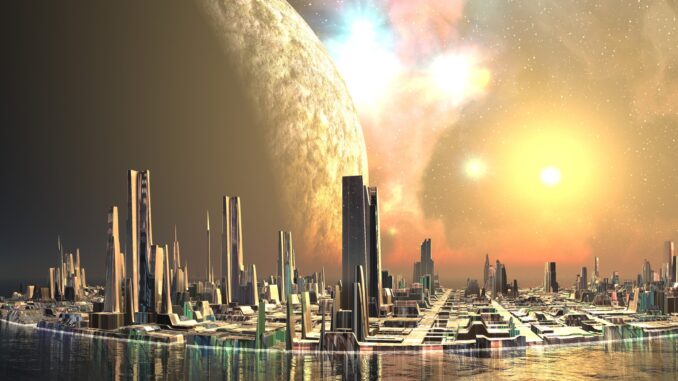 an alien civilisation beneath the shadow of a giant moon with bright lights in the sky