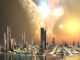 an alien civilisation beneath the shadow of a giant moon with bright lights in the sky