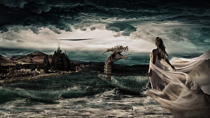 A dragon emerges from the sea as a girl looks on in this scene from Elder Scrolls VI or possibly Elder Scrolls VI remastered edition