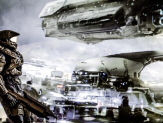 The Master Chief, not dressed in any Halo Infinite multiplayer customisation options, against the background of some spaceships