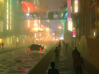 A drawing of a scifi city at night with a car driving on a road stretching away from the viewer. It's raining. Looks a bit like a blade runer cartoon might