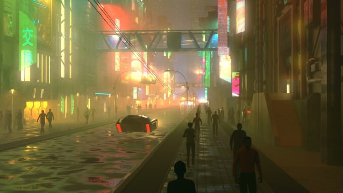 A drawing of a scifi city at night with a car driving on a road stretching away from the viewer. It's raining. Looks a bit like a blade runer cartoon might
