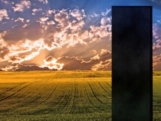 Large black monolith in greenfield backlit by sunset. Wordle on first guess