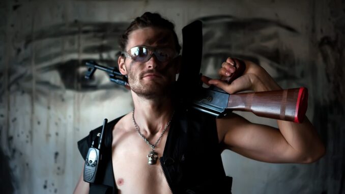 topless mercenary with machine gun. Call of Duty multiplayer session
