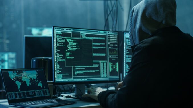hacker cage sits in dark room starring at code on a monitor