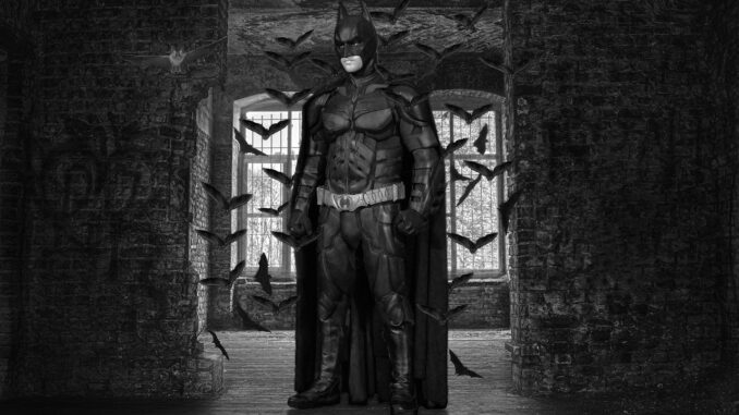 batmoon in empty room surrounded by bats. Batman reboot.