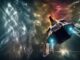 Spaceship entering hyperspace. Starfield