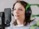 a podcaster recording a podcast about lasagne