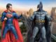 scrap batman vs superman. Toy action figures fighting in front of backdrop of bangkok