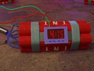 stick of dynamite with timer and wires. Cut the blue wire