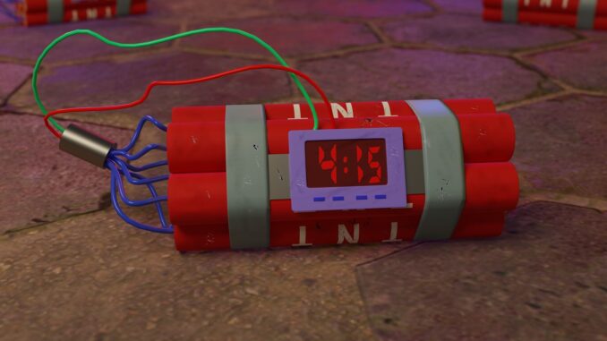stick of dynamite with timer and wires. Cut the blue wire