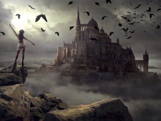 A fantasy castle with a woman from beind. House of the dragon hobbits