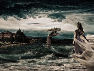 a fantasy landscape of a witch looking out to sea. final horcrux