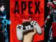 White playstation 4 gamepad on the background of the game APEX Legends from EA Games. Apex Legends free to play Battle Royale shooting game. Apex Lengends glitch