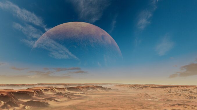 a scit-fi planet covered in desert with a huge moon in the blue sky. Dune sequel