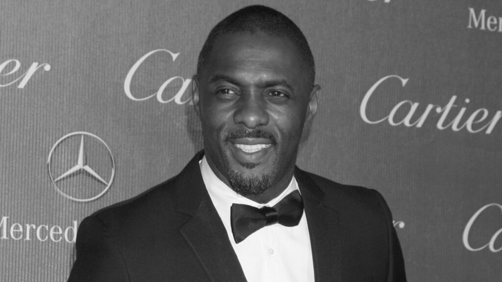 Black and White. Idris Elba in tux from shoulders up. Luther film