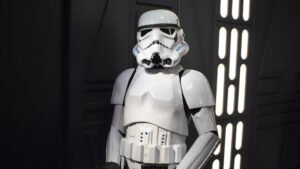 A stormtrooper on the death star from the waist up as seen in Star Wars Episode IV: A New Hope