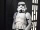 A stormtrooper on the death star from the waist up as seen in Star Wars Episode IV: A New Hope