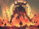 knight with a sword facing the lava demon in hell, digital art style, illustration painting. new Diablo IV class