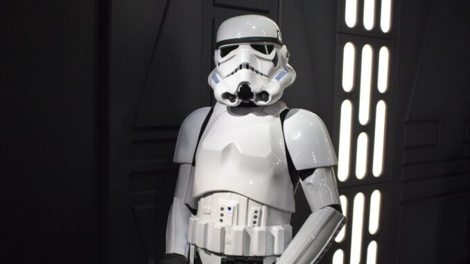 A stormtrooper. Waist up. On death star. the droids we’re looking for
