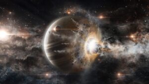 an asteroid crashing into a planet