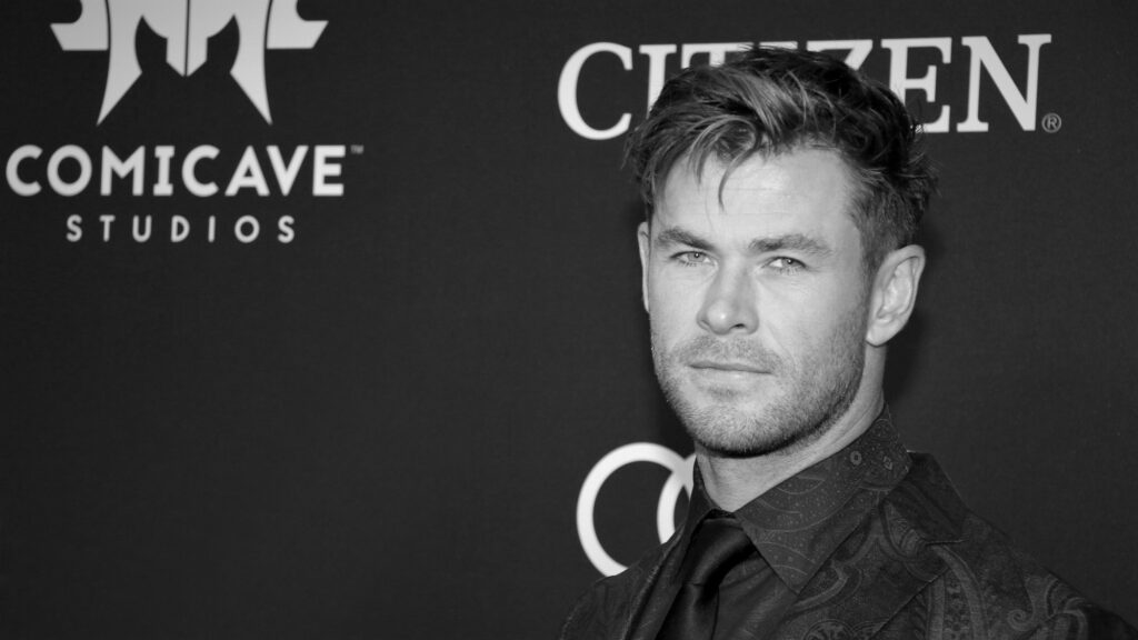 black and white headshot of chris hemsworth