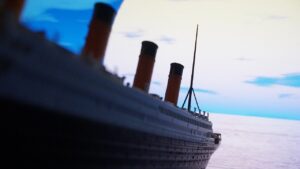 a replica of titanic shot from low towards the back