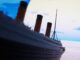 a replica of titanic shot from low towards the back