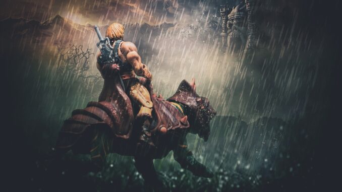 he-man riding towards castle greyskull. Fisto sadly out of view.